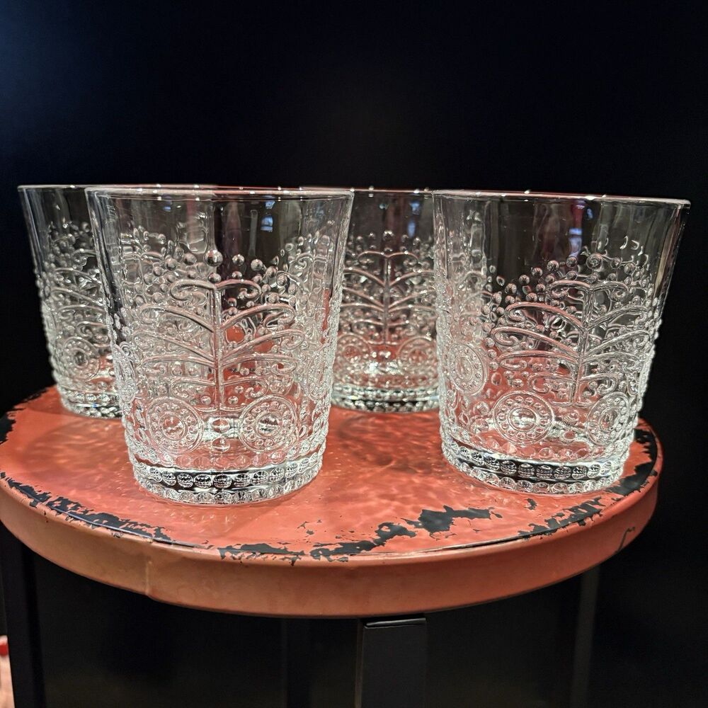 Set Of 4 Abbott Collection Lacework Pattern Tumblers Clear Pressed Glass 12 Oz